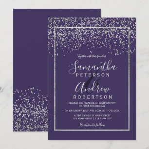 Silver confetti purple typography wedding invitation