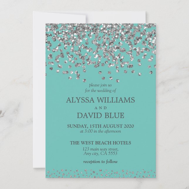 Silver Confetti Teal Elegant Modern Wedding Invitation (Front)