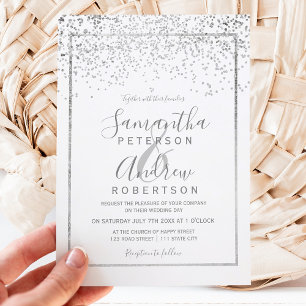 Silver confetti white typography wedding invitation
