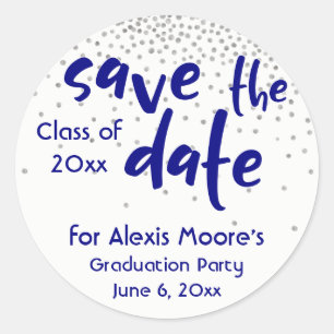 Silver Confetti with Navy: Modern "Save the Date" Classic Round Sticker