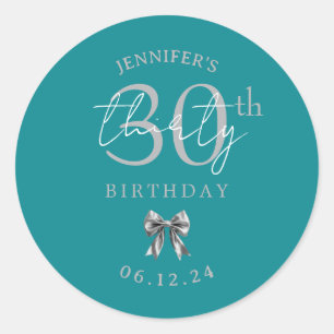 Silver Coquette Bow 30th Birthday Party Turquoise Classic Round Sticker