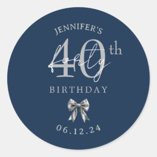 Silver Coquette Bow 40th Birthday Party Navy Blue Classic Round Sticker