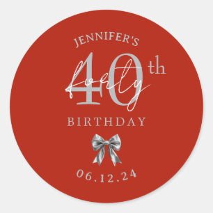Silver Coquette Bow 40th Birthday Party Red Classic Round Sticker
