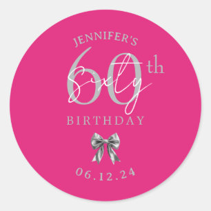 Silver Coquette Bow 60th Birthday Party Hot Pink Classic Round Sticker