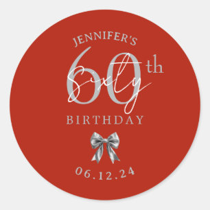 Silver Coquette Bow 60th Birthday Party Red Classic Round Sticker