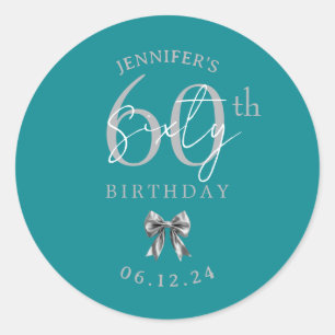 Silver Coquette Bow 60th Birthday Party Turquoise Classic Round Sticker