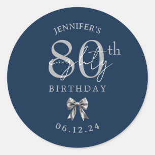 Silver Coquette Bow 80th Birthday Party Navy Blue Classic Round Sticker