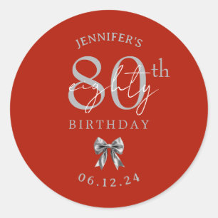 Silver Coquette Bow 80th Birthday Party Red Classic Round Sticker