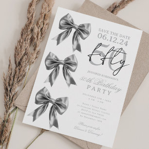 Silver Coquette Bow Save Date 50th Birthday Party Invitation