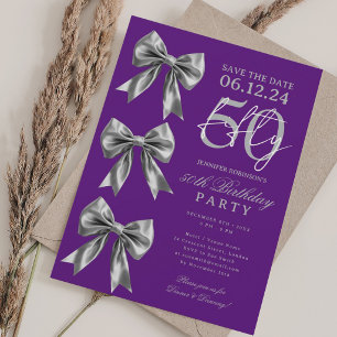 Silver Coquette Bow Save Date 50th Birthday Purple Invitation