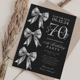 Silver Coquette Bow Save Date 70th Birthday Black Invitation
