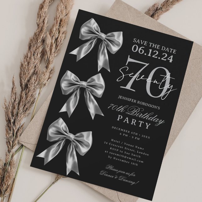 Silver Coquette Bow Save Date 70th Birthday Black Invitation (Silver Coquette Bow Save Date 70th Birthday Black Invitation)