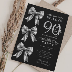 Silver Coquette Bow Save Date 90th Birthday Black Invitation