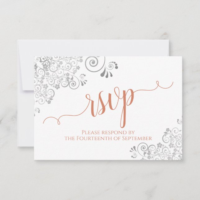 Silver & Coral on White Elegant Script Wedding RSVP Card (Front)