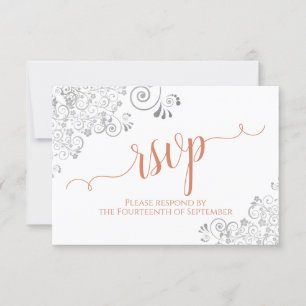 Silver & Coral on White Elegant Script Wedding RSVP Card