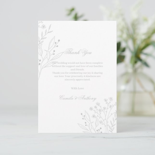 Silver Corner Floral Boho Wedding Thank You Card (Standing Front)