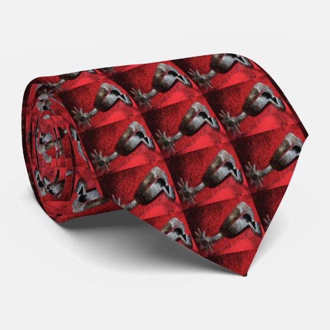 Silver Cowboy Spur On Red Western Necktie (Rolled)
