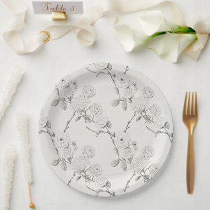 Silver Cream Black Fall Flowers Wedding Paper Plate