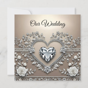 Silver & Cream Elegance: Diamond Heart Wedding Inv