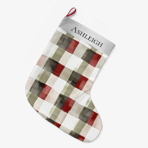 Silver Cream Green Red Plaid Stripes Christmas   Large Christmas Stocking