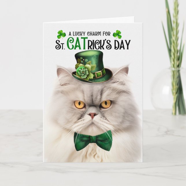 Silver Cream Persian Cat St CATrick's Day Holiday Card (Front)