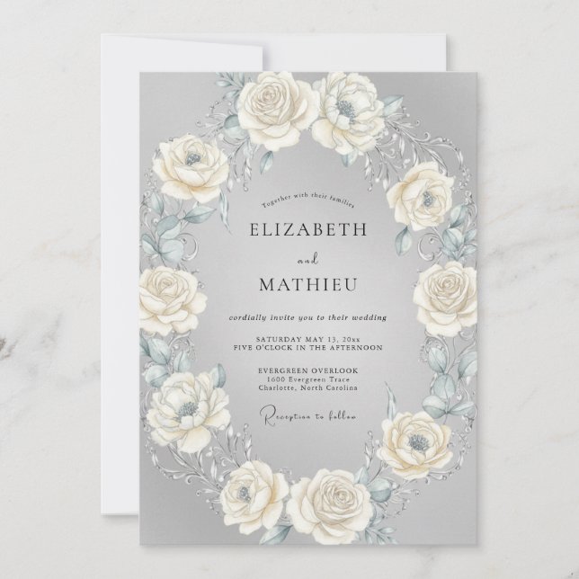 Silver Cream Wreath Wedding Invitation (Front)