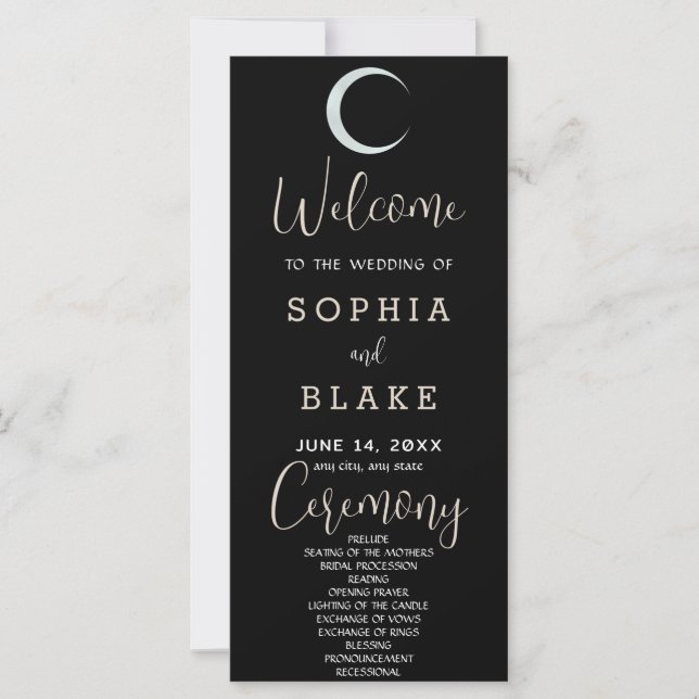 Silver Crescent Moon Black Wedding Program (Front)