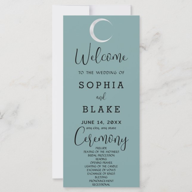 Silver Crescent Moon Blue Wedding Program (Front)