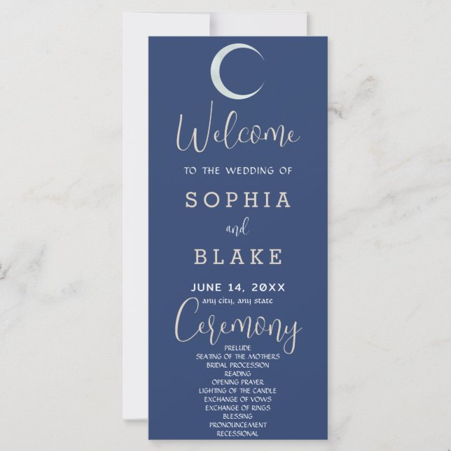 Silver Crescent Moon Dark Blue Wedding Program (Front)