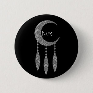 Silver Crescent Moon Feathers Thunder_Cove 2 Inch Round Button