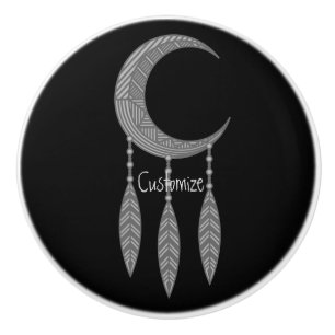 Silver Crescent Moon Feathers Thunder_Cove Ceramic Knob