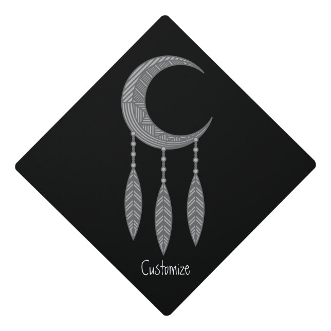 Silver Crescent Moon Feathers Thunder_Cove Graduation Cap Topper (Front)