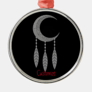 Silver Crescent Moon Feathers Thunder_Cove Metal Ornament