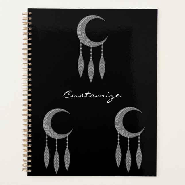Silver Crescent Moon Feathers Thunder_Cove  Planner (Front)