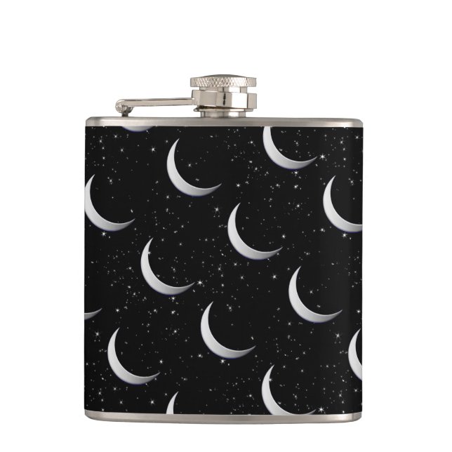 Silver crescent moons - starry background hip flask (Front)