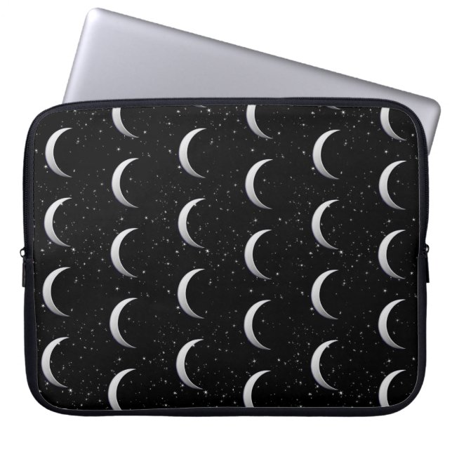 Silver crescent moons - starry background laptop sleeve (Front)