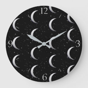 Silver crescent moons - starry background large clock