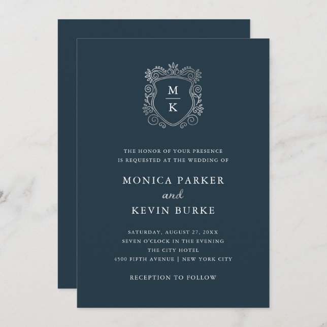 Silver Crest | Elegant Midnight Blue Wedding Invitation (Front/Back)
