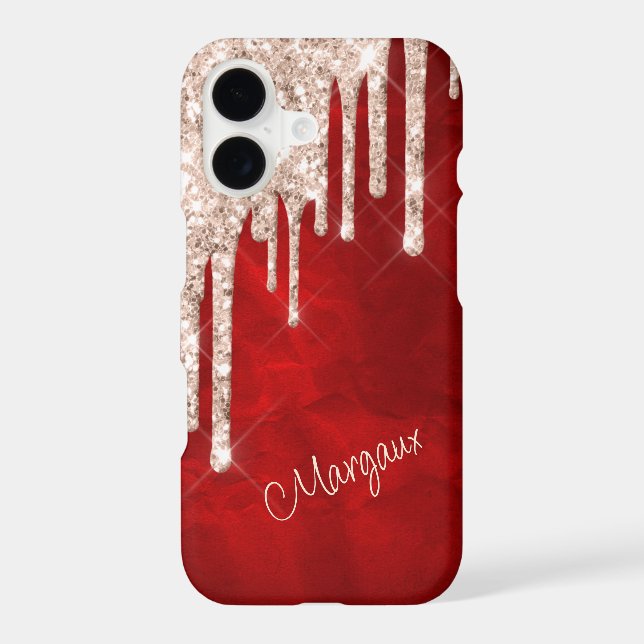 Silver Crimson Glitter Drips on Red Monogram   (Back)