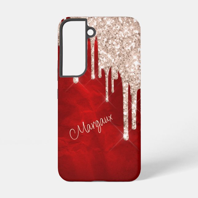 Silver Crimson Glitter Drips on Red Monogram Samsung Galaxy S22 Case (Back)