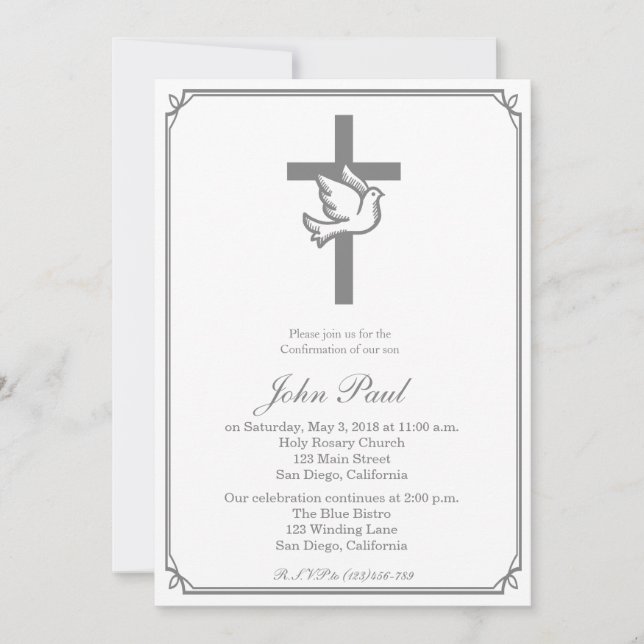 Silver Cross and Dove Confirmation Invitation (Front)