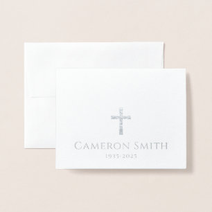 Silver cross and name loss sympathy thank you foil card