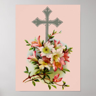 Silver Cross And Pink Flowers Poster
