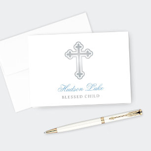 Silver Cross Baby Boy Baptism Blue Personalized Thank You Card