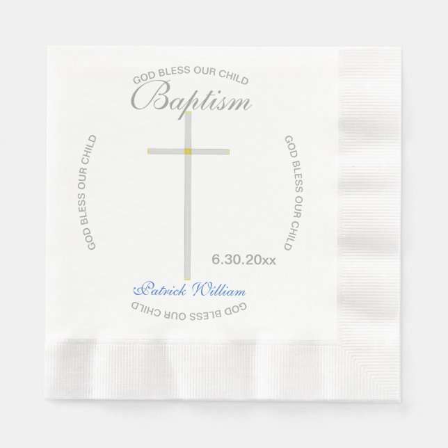 Silver Cross Boy Baptism Blue Napkin (Front)