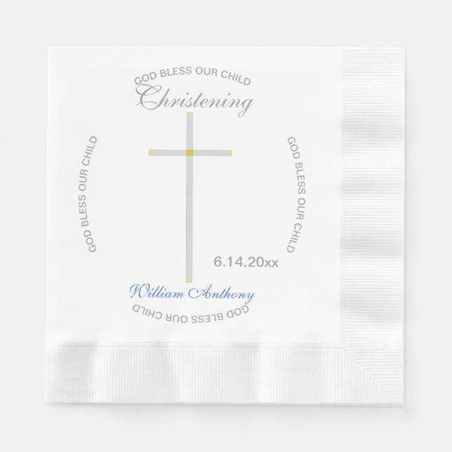 Silver Cross Christening Blue Baby Name Napkin (Front)