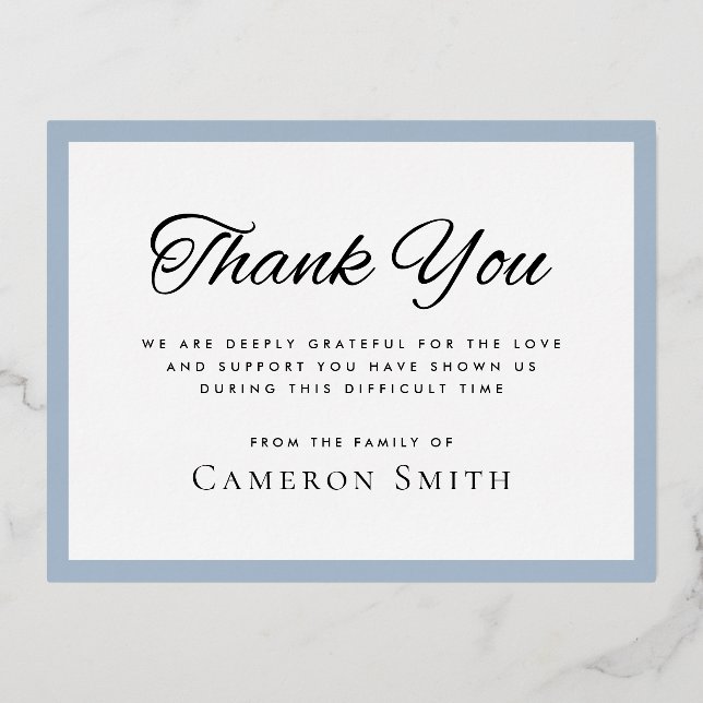 Silver cross dusty blue sympathy thank you card (Back)