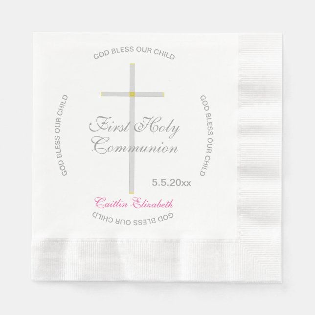 Silver Cross First Holy Communion Pink Name Napkin (Front)