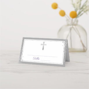 Silver Cross Glitter Purple First Holy Communion Place Card
