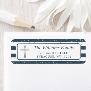 Silver Cross Navy Blue Stripe Return Address  Labe